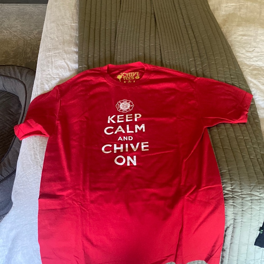 Keep Calm and Chive on fire department red tshirt size large